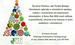 po lewej stronie choinka z kolorowymi bombkami, po prawej życzenia świąteczne.